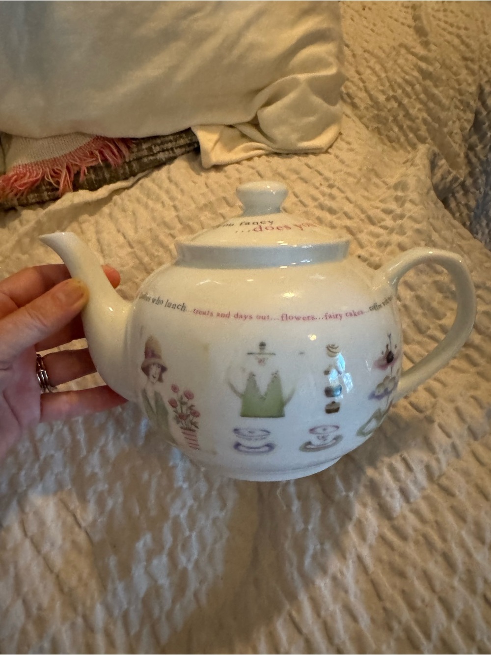 White Decorative Ceramic Teapot with Pastel Floral Motif
